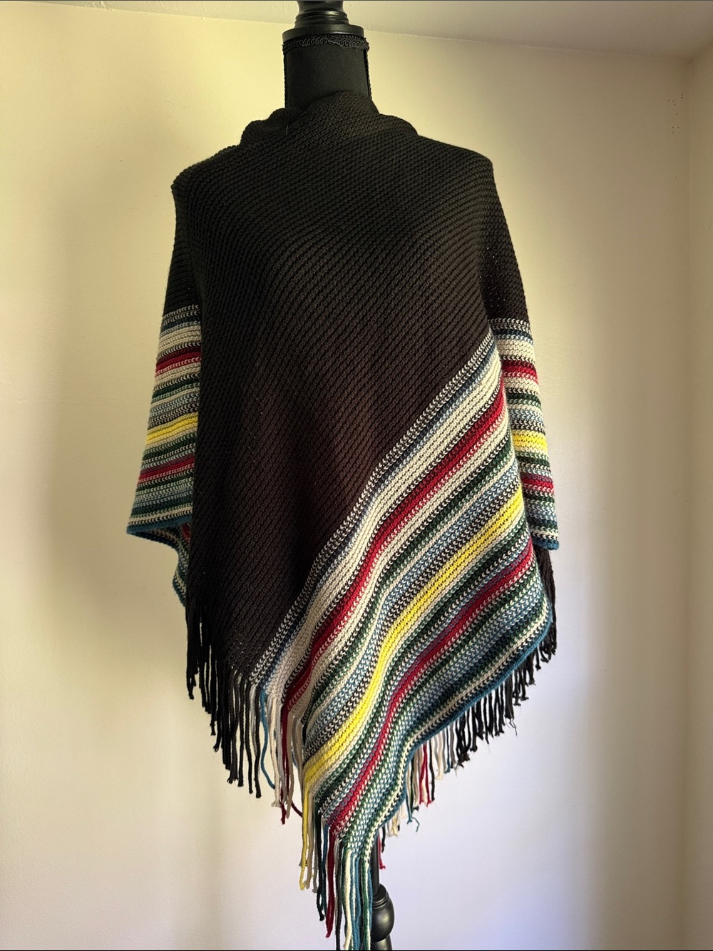 EARTHBOUND Black Striped Fringe Poncho with Multicolor Accents